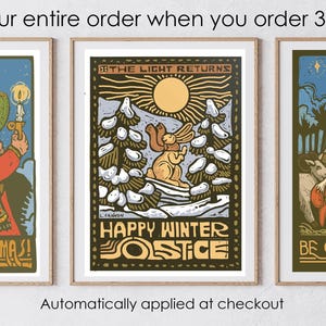 May include: Three framed illustrations with a winter theme. The first illustration features a red-clad figure carrying a sack of gifts with the text "Happy Christmas!" The second illustration features a rabbit in a snowy forest with the text "Happy Winter Solstice". The third illustration features a group of people and animals with the text "Be of Good Cheer".
