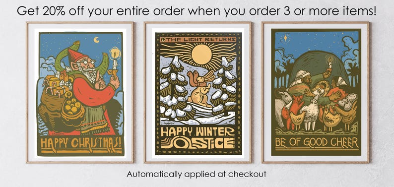 May include: Three framed illustrations with a winter theme. The first illustration features a red-clad figure carrying a sack of gifts with the text "Happy Christmas!" The second illustration features a rabbit in a snowy forest with the text "Happy Winter Solstice". The third illustration features a group of people and animals with the text "Be of Good Cheer".
