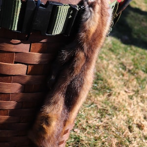 Puede incluir: Una cesta tejida marrón con una hebilla negra y una correa verde. Una larga piel de piel marrón cuelga de la cesta. La piel tiene reflejos marrones y tostados más claros. Se ven herramientas con mangos rojos.