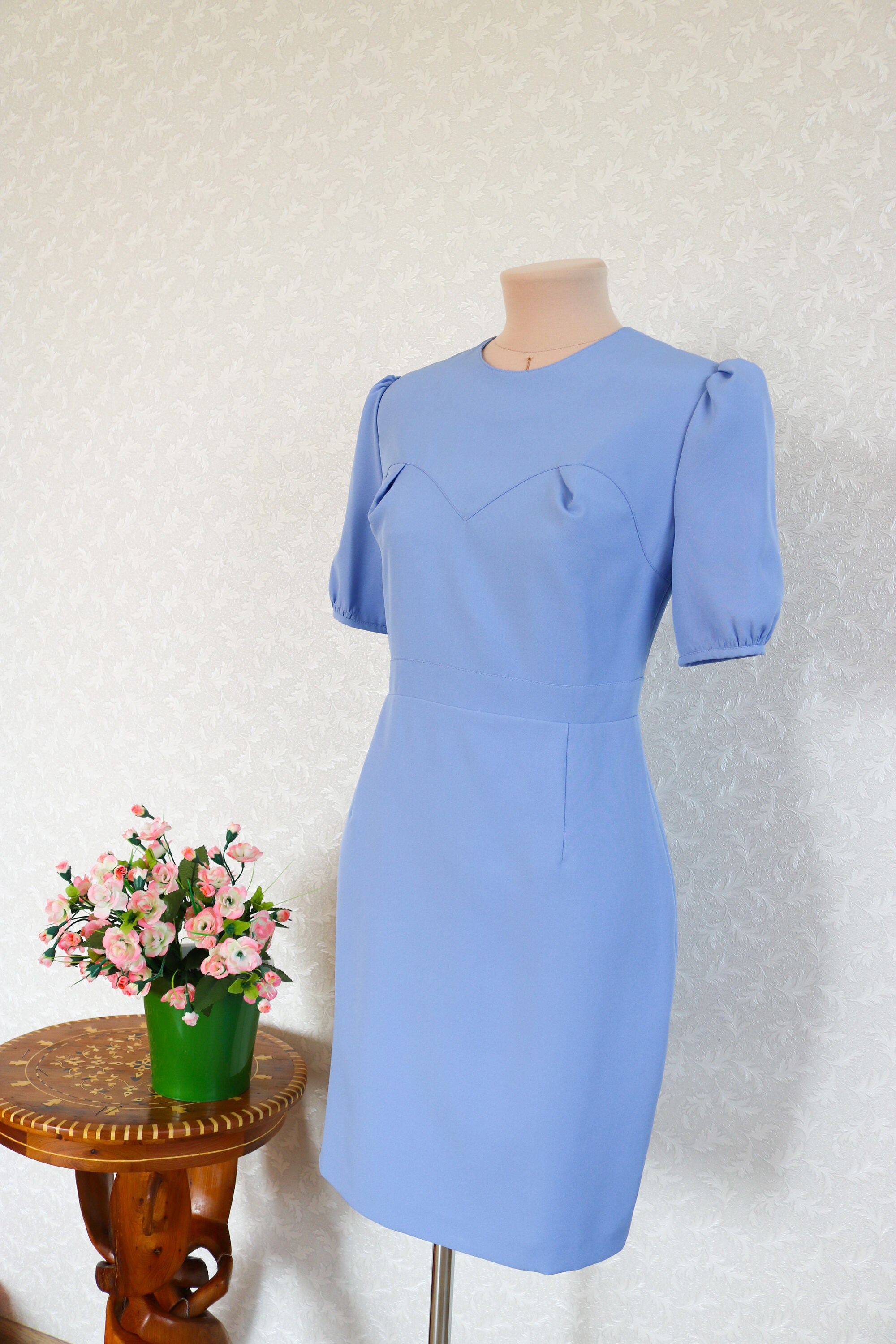 Cornflower Blue Dress for Women With Puff Sleeve and Draping Etsy