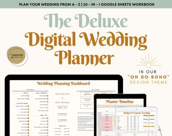 Deluxe Boho Digital Wedding Planner / Modello di pianificazione del matrimonio tutto in uno / Pianificatore di fogli Google per la sposa Boho