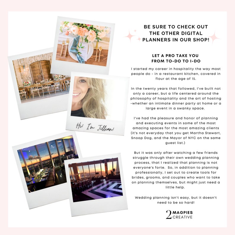 K&ouml;nnte beinhalten: Eine rosa und wei&szlig;e Grafik mit dem Text "Schau dir unbedingt die anderen digitalen Planer in unserem Shop an!" und "Lass dich von einem Profi von der Planung bis zur Umsetzung begleiten". Die Grafik zeigt ein Foto einer Frau mit dem Text "Hallo, ich bin Jillian!" und Fotos von verschiedenen Veranstaltungsr&auml;umen.