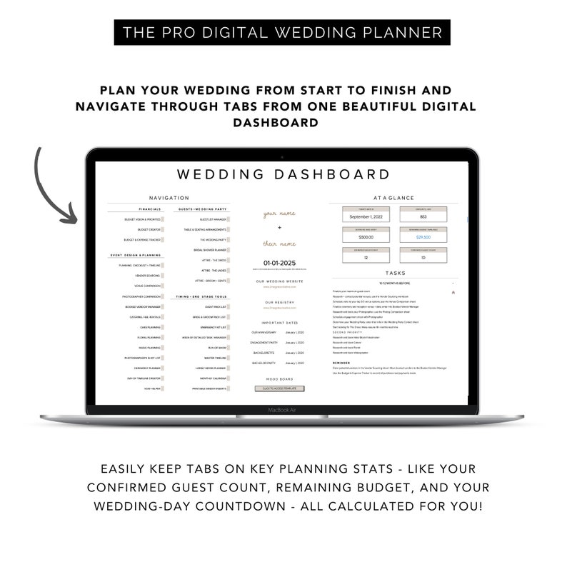 THE PRO Digital Wedding Planner All-In-One Wedding Planning Template Wedding Budget Wedding Checklist Google Sheet Modern Love Theme image 2