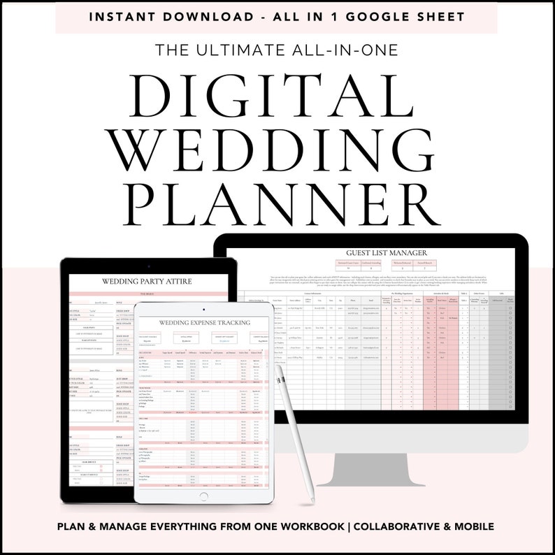 Wedding planner, digital wedding planner, all-in-one wedding planner, google sheet wedding planner, excel wedding planner, wedding planning template, wedding planner book, planning your own wedding, online wedding planner