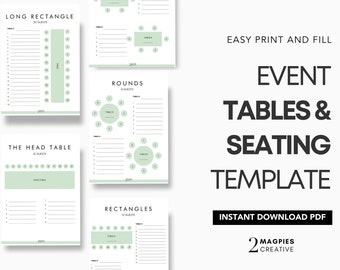 Wedding Tables & Seating Template - Retro Mint |Wedding Seating Chart |Wedding Table Assignments Diagram |Printable Event Seating Chart