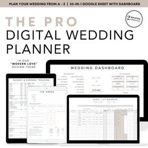 THE PRO Digital Wedding Planner All-In-One Wedding Planning Template Wedding Budget Wedding Checklist Google Sheet Modern Love Theme image 1