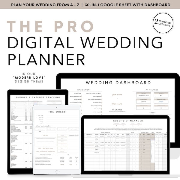 L'organisateur de mariage numérique PRO - modèle de planification de mariage tout-en-un - liste de contrôle de mariage budget de mariage - feuille Google - thème de l'amour moderne