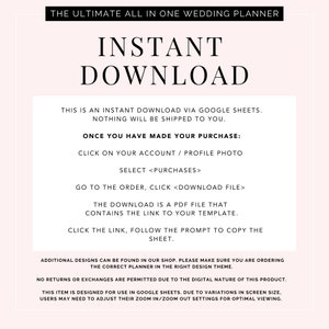 K&ouml;nnte beinhalten: Eine rosa und wei&szlig;e Textgrafik mit den Worten "THE ULTIMATE ALL IN ONE WEDDING PLANNER" oben, "INSTANT DOWNLOAD" in gro&szlig;en Fettdruckbuchstaben in der Mitte und Anweisungen, wie man den Planer &uuml;ber Google Sheets herunterl&auml;dt.