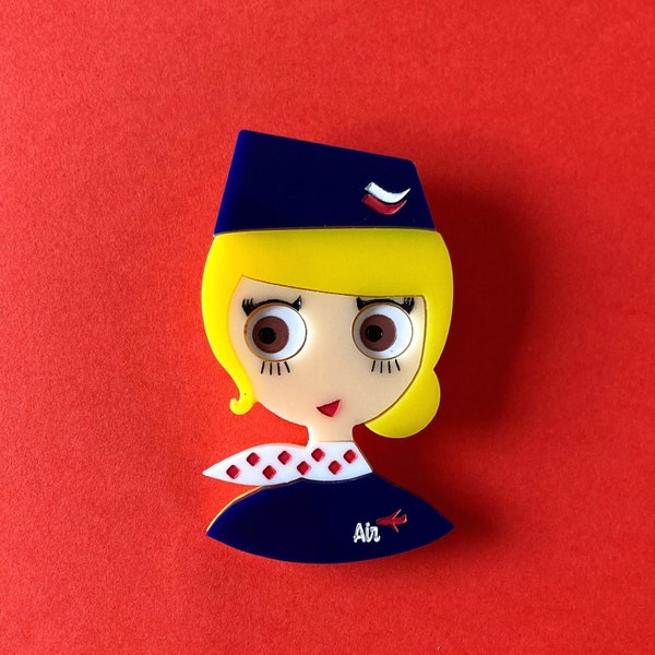 Broche acrylique FRANCE, hôtesse de l'air vintage, uniforme bleu marine et foulard à pois