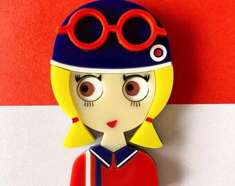 TERRI Acrylic Brooch, Mod girl, vintage scooter helmet and goggles, polo shirt