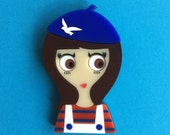 MARTINE Acrylic Brooch, Brunette from Brittany with Blue Bird Beret Hat, Striped tee and White Dungaree