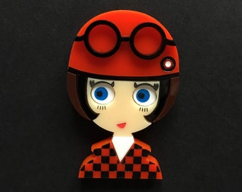 Acrylic brooch POPPY 2! Checkered Jacket and White Turtle Neck.