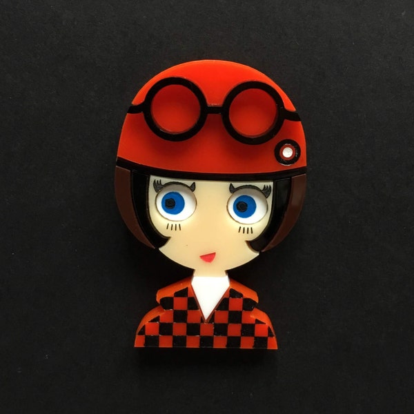 Acrylic brooch POPPY 2! Checkered Jacket and White Turtle Neck.