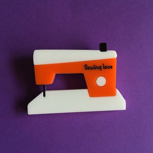 SEWING MACHINE Acrylic Brooch, a 70s vintage inspired machine, orange and white