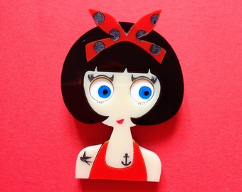 Tank Top Brunette Girl Acrylic Brooch RITA. Red and black dotted headband, Tattoos, Rockabilly style pinup, red tank top