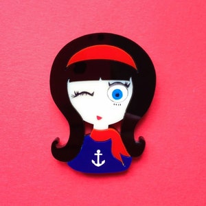Navy style girl Acrylic Brooch,  this is BETTY. 60&#39;s vintage inspired girl with red headband and scarf, blue jacket, engraved white anchor