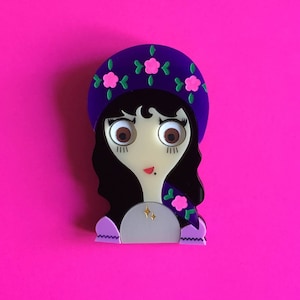 SYBIL Acrylic Brooch - Brunette Fortune Teller with Crystal Ball and Flowery Scarf in the hair