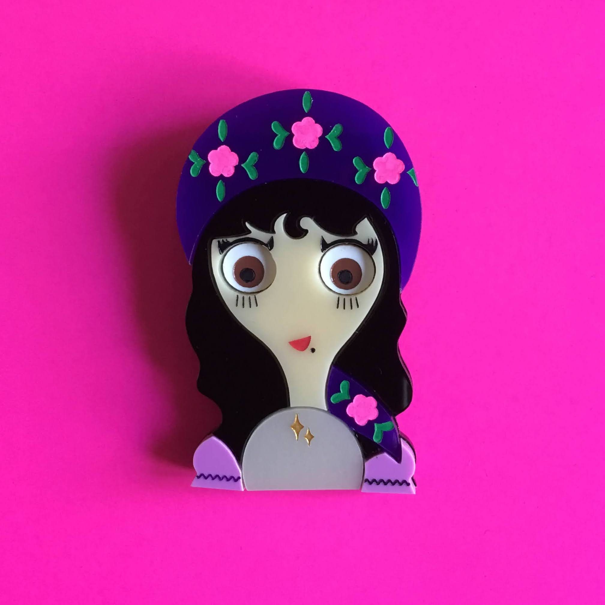 SYBIL Acrylic Brooch Brunette Fortune Teller With Crystal Ball and