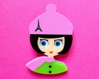 NICOLE Acrylic Brooch. Parisian Brunette, A-line Bob, Lilac Beret with Eiffel Tower, Matching Scarf, Green Buttoned Coat