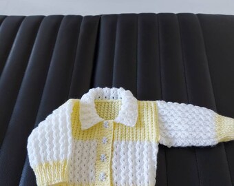 Handknitted lemon and white baby jacket 0-3 months