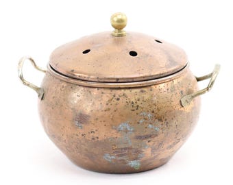 Vintage Copper Potpourri Bowl w Lid & Handles • Vented Simmer Pot Rustic Farmhouse Decor