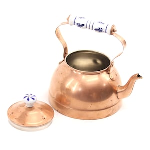 Vintage Copper Teapot with Delft Style Ceramic Handle • Rustic Farmhouse Kitchen Decor