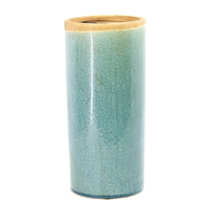 May include: Tall, cylindrical ceramic vase with a crackle glaze in shades of teal and blue. The rim is a contrasting tan color. This decorative vase is suitable for displaying flowers or as a standalone accent piece.