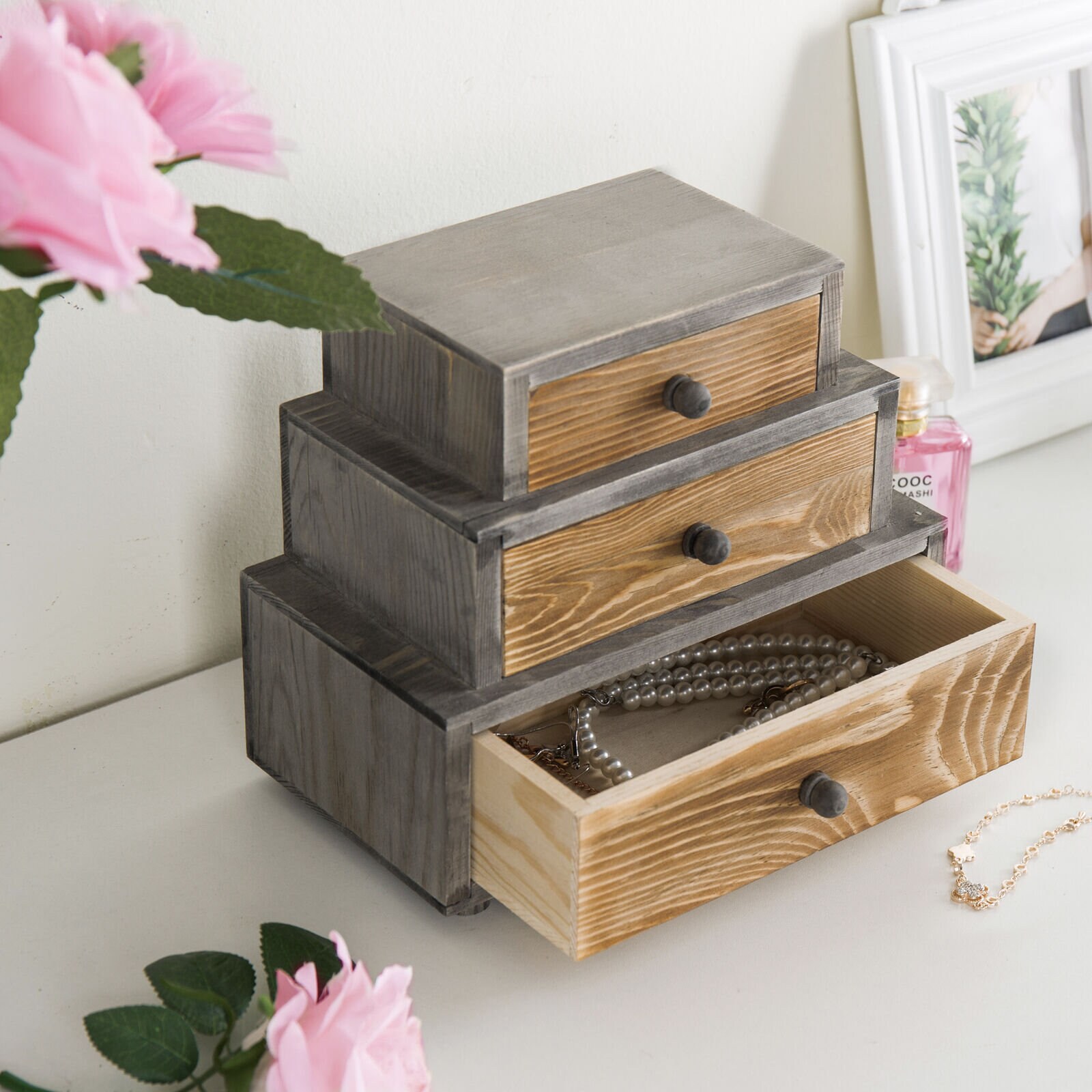 Wood 3 Drawers Desktop Organizer Rustic Wood Office Storage Etsy