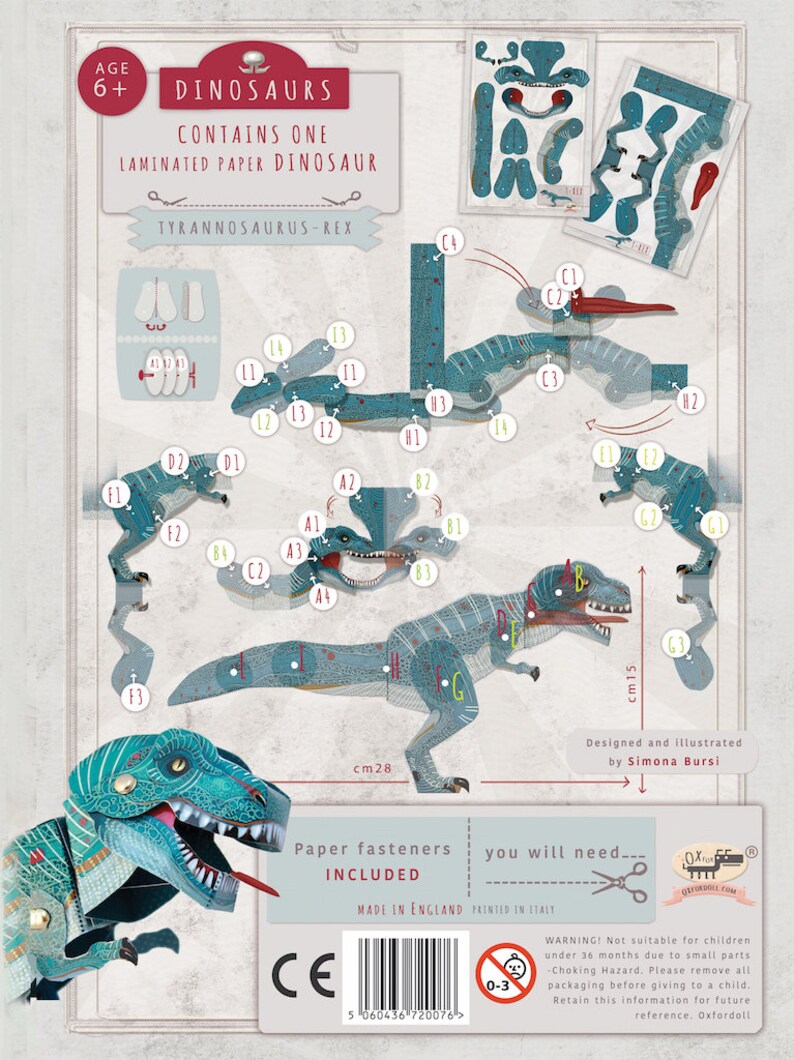 Dinosaur T-Rex Toy, Kids' Craft, laminated paper toy, Make your own Dinosaur image 2