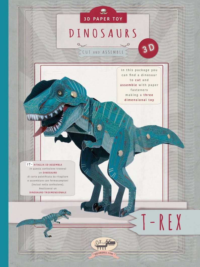 Dinosaur T-Rex Toy, Kids' Craft, laminated paper toy, Make your own Dinosaur image 1