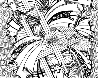 Printable Coloring Page, Digital Download - Fans, Curves, Lines with complex background