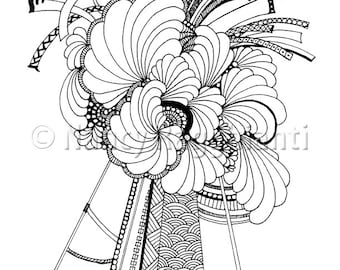 TWO Printable Coloring Pages, Digital Download - Feathers Fans and Lines plus Curvaceous Layers