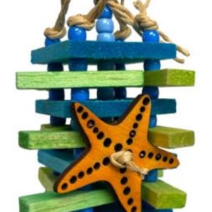 May include: A hanging bird toy featuring a vertical stack of alternating blue and lime green wooden slats separated by blue beads. An orange wooden starfish with black dot details is attached to the front with a natural fiber rope.