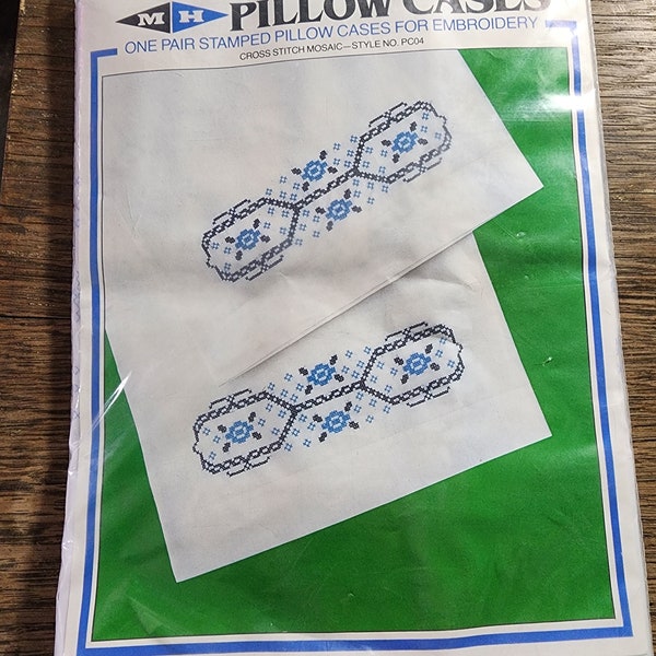 Kit of Vintage Stamped Pillowcases to Embroider Cross Stitch Mosaic MH Yarns 1983