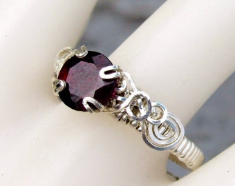 Garnet Ring, Sterling silver, Almandine AA grade GARNET, January Birthstone, handmade wirewrap, Birthday gift, Christmas Gift, Made to order