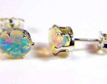 7x5mm Ethiopian Welo Opals, AAA+ grade Fiery Opals, Oval Natural Ethiopian Opals, Sterling Silver Ear studs with excellent play of color