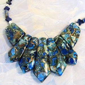 Sterling Silver bib Necklace, Blue Imperial Jasper,  OOAK Focal Collar , Virgo, Lapis Lazuli, Chakra Necklace, 18&quot; Long, Boho Jewelry