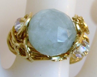 Aquamarine, 14k Gold Filled RING with Natural, 12mm, hand faceted blue Aquamarine, & Swarovski Crystals, March Birthstone Ring,