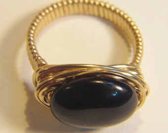 Black Agate, 14K Gold Filled, wire-wrapped RING with Natural Black Agate