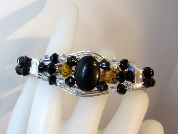 Argentium Sterling Silver Bracelet, Black Agate, Swarovski Crystals, 6 1/2 to 7 wrist