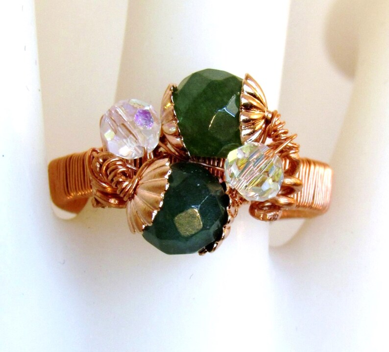 ¡venta! OOAK Green Onyx Ring, Cobre Natural, Cristales Claros de Swarovski, Alambre Envuelto, Tamaño 7 Anillo, Boho Jewelry, Boho Ring imagen 1