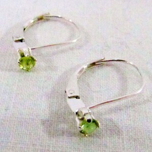 May include: A pair of silver earrings with green gemstone accents. The earrings have a lever back closure.