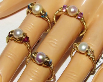 Cultured Pearl, 14K gold filled RING, White Cultured Pearl with Swarovski Crystal accents (customize your own colors) BIRTHSTONE ring