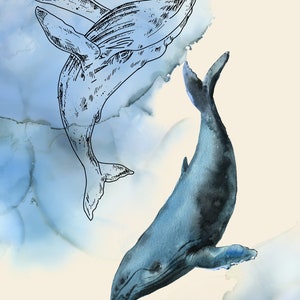 Humpback whale watercolor painting print art sea life nautical ocean wall poster decor modern DOWNLOADABLE PRINTABLE ART