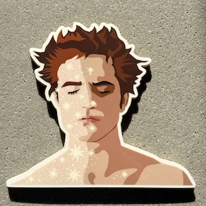 May include: A sticker featuring a stylized illustration of a person's face. The left side of the face is covered in white stars, while the right side is shaded. The person has brown hair and closed eyes.