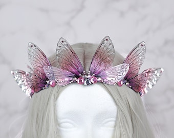 Fairy Crown Diadem Tropical Pink Fairy Wing Cicada Tiara -  Fairy Costume - Elven Tiara - Festival Crown - Bridal Renaissance Wedding