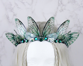 Fairy Crown Diadem Deep Emerald Green Fairy Wing Cicada Tiara -  Fairy Costume - Elven Tiara - Festival Crown - Bridal Renaissance Wedding