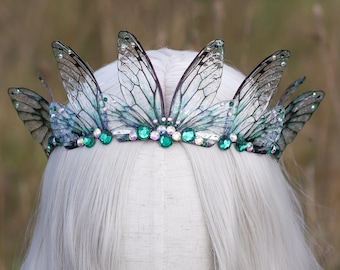 Fairy Wing Tiara: Emerald Gemstone Fantasy Crown, Adult Costume for Renaissance Fairs