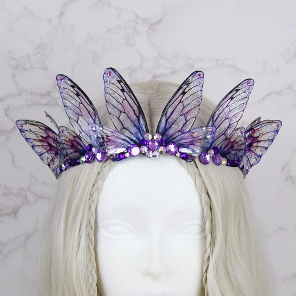 Fairy Crown Diadem Purple Pink Fairy Wing Cicada Tiara - Fairy Costume - Elven Tiara - Festival Crown - Bridal Renaissance Fair Wedding