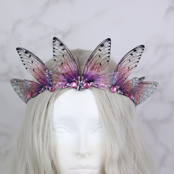 Fairy Crown Fairy Wing Tiara Cicada Diadem - Fairy Costume - Renaissance Fair - Elven Tiara - Festival Crown - Bridal Wedding - Pink